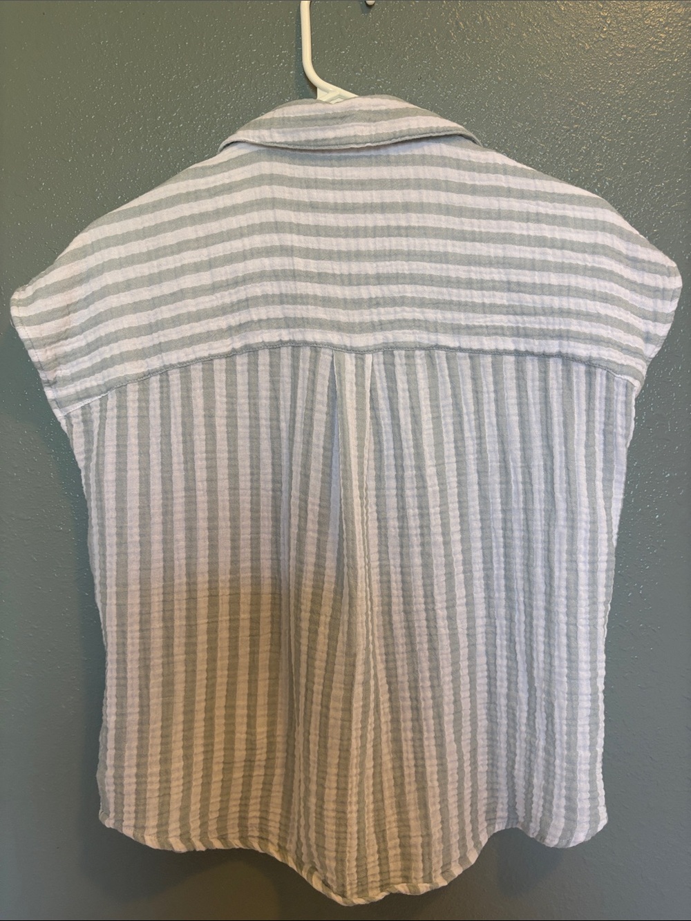 100% Cotton | Pale Green and White Striped Button-Down | Gauze Top - Picture 15 of 16